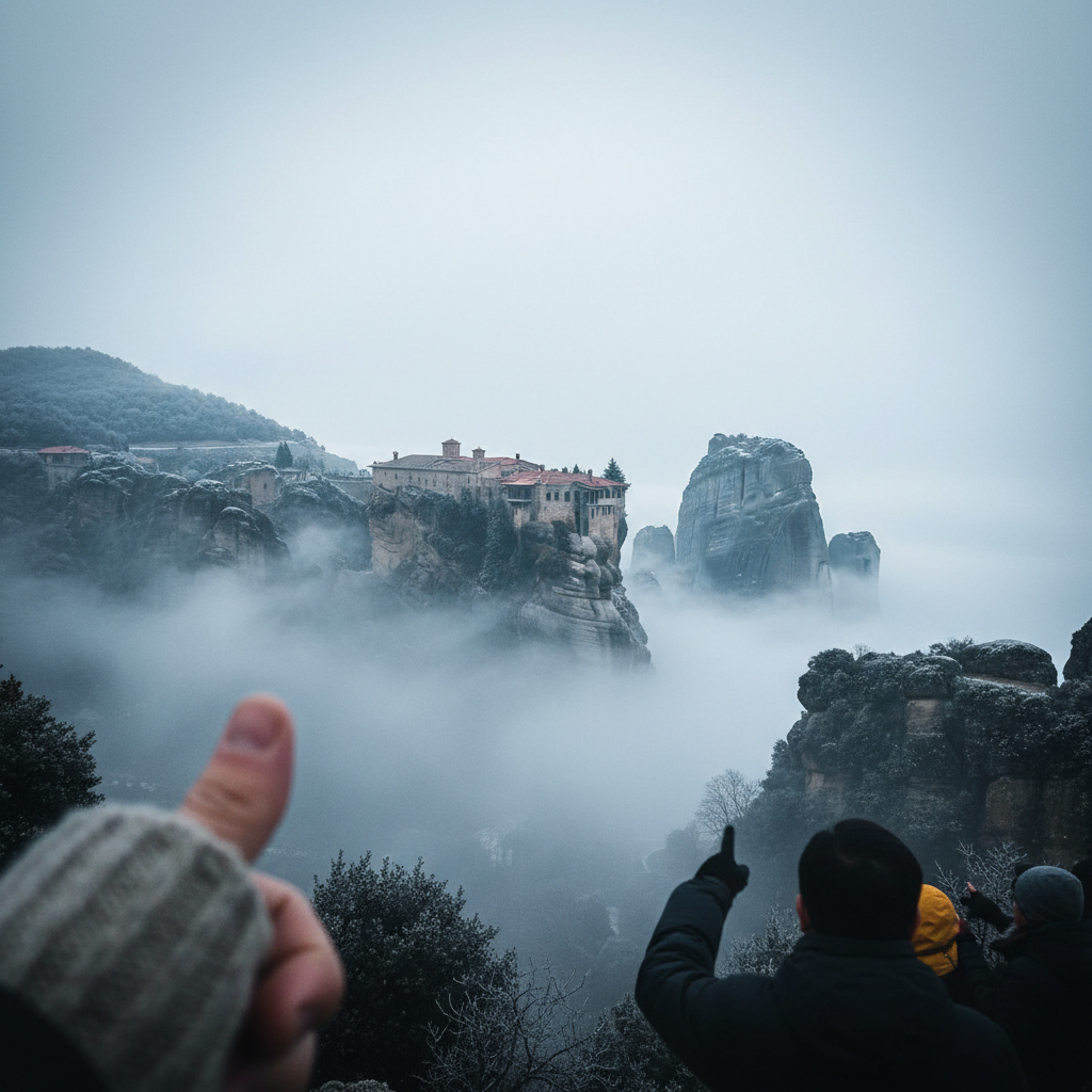 안개 속 메테오라 수도원의 신비로운 모습