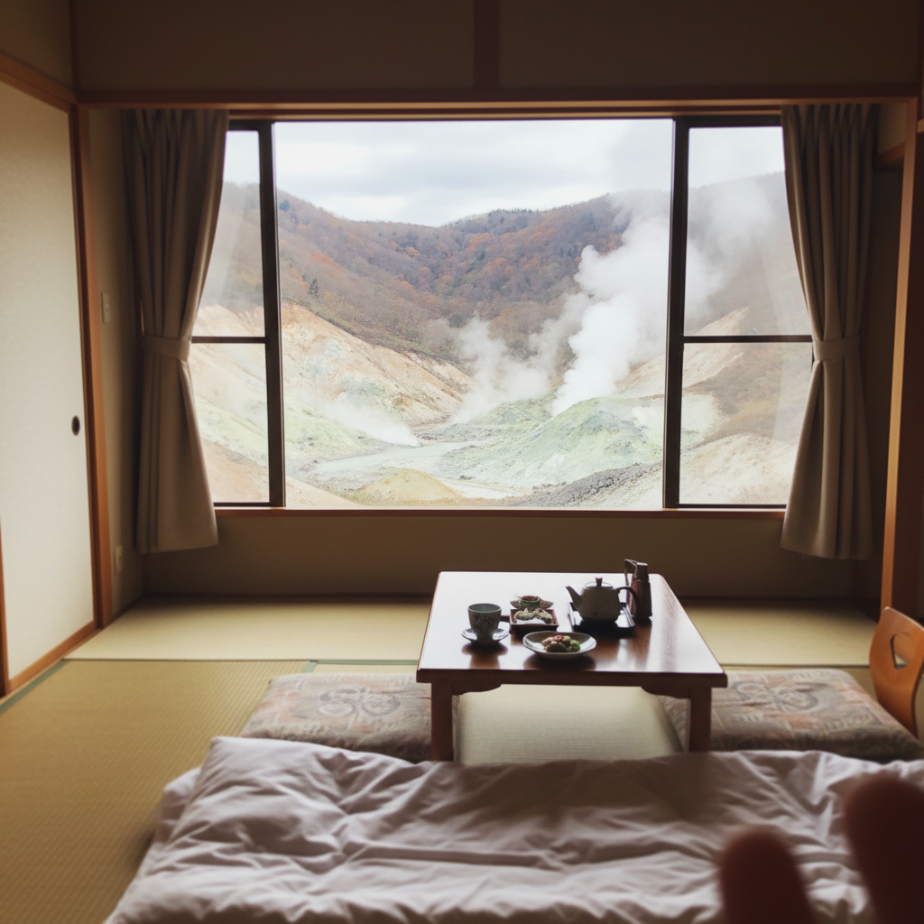 노보리베츠 온천 료칸의 전통적인 일본식 객실과 창밖으로 보이는 풍경