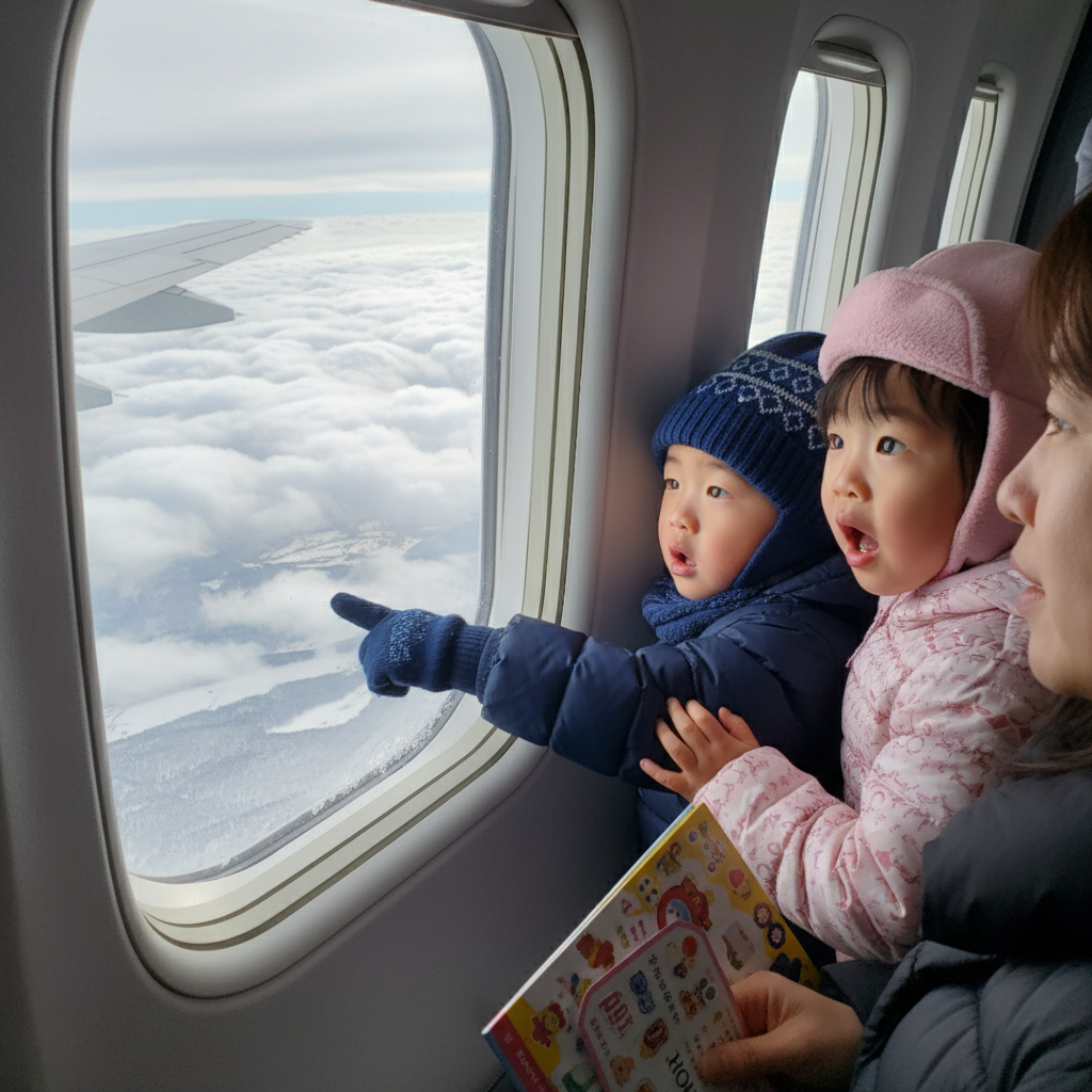 비행기 창가에서 구름을 가리키며 신기해하는 아이들