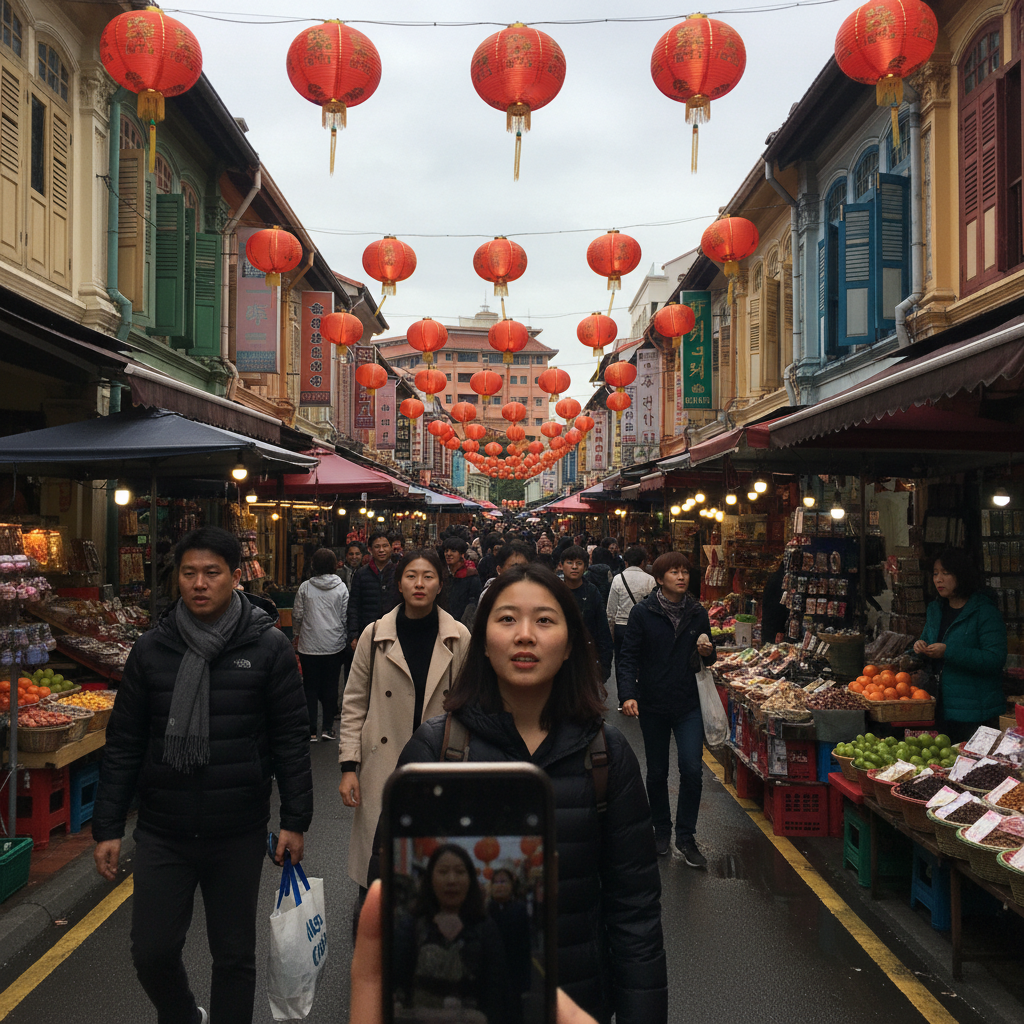 차이나타운의 붉은 랜턴과 전통 건물, 활기찬 시장 풍경