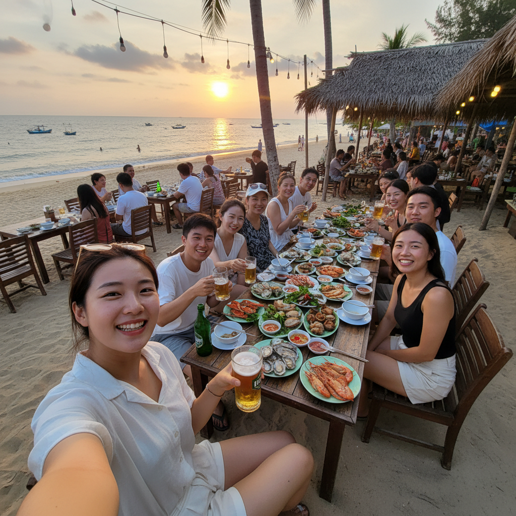 신선한 해산물과 현지 맥주를 즐기는 해변가 레스토랑