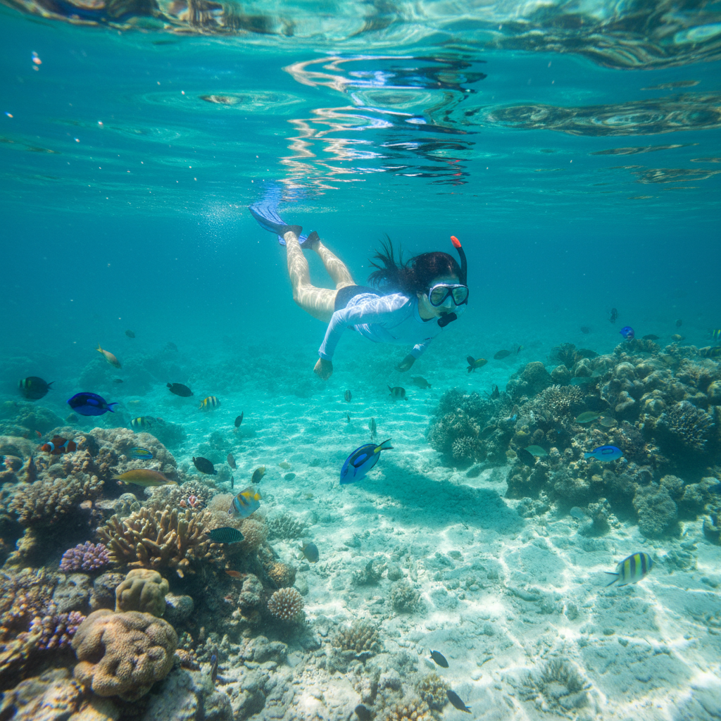 문 섬 앞바다의 투명한 물속에서 스노클링하는 모습