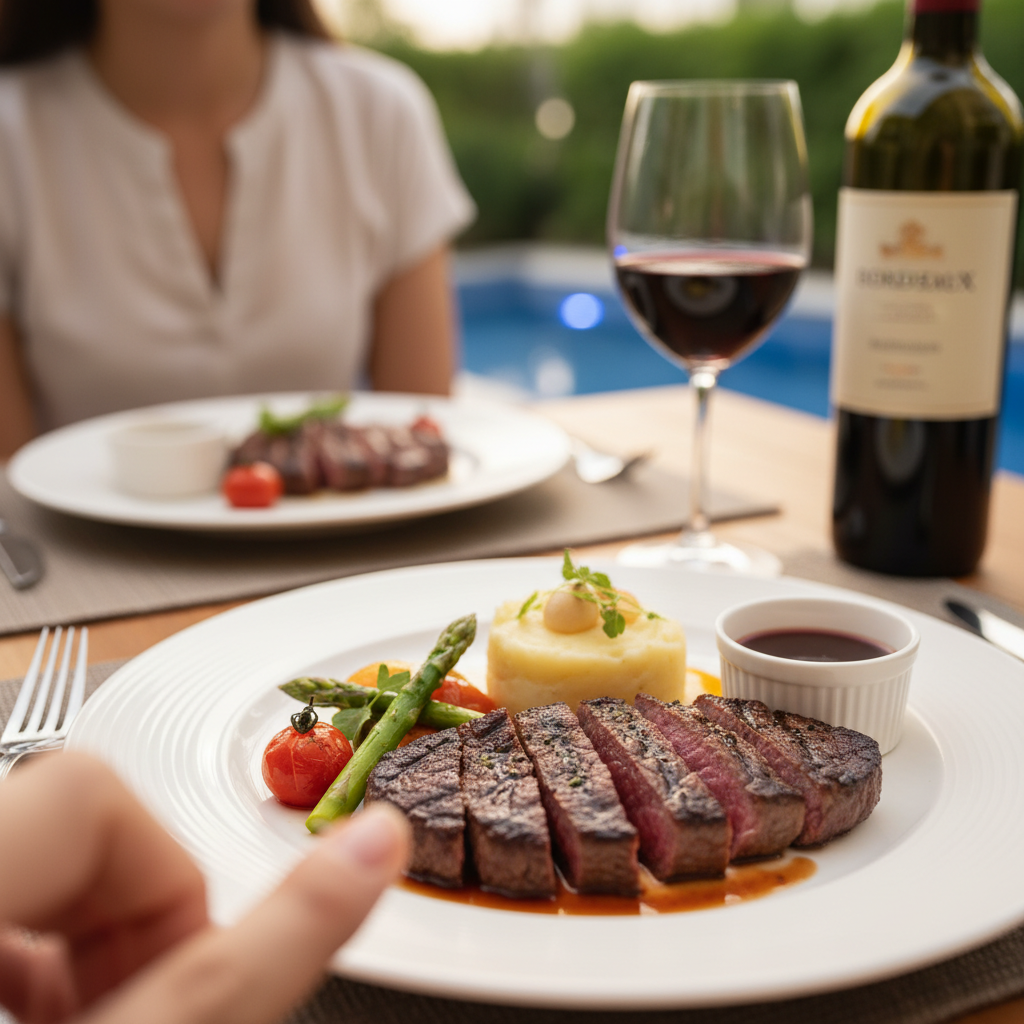 아쿠아 레스토랑의 와규 안심 스테이크 플레이팅