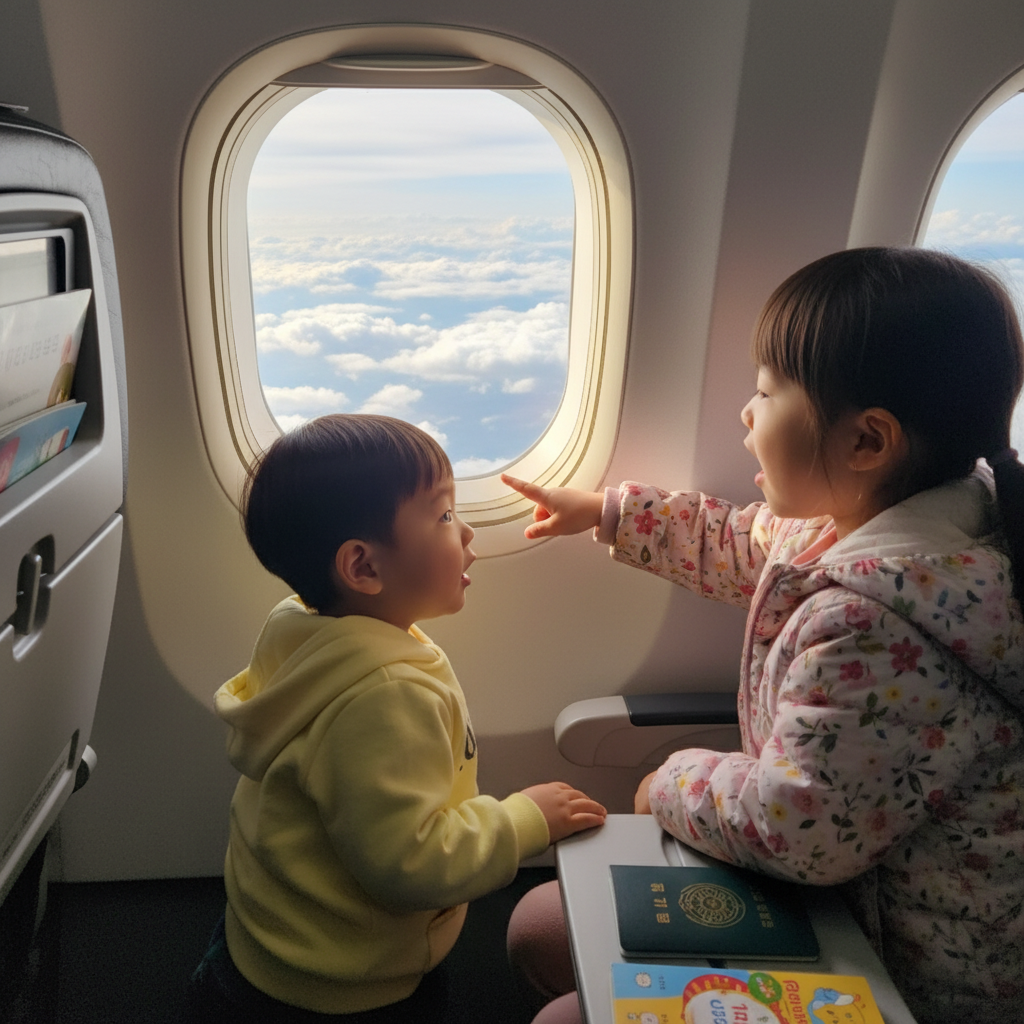 비행기 창문으로 구름을 바라보는 아이들