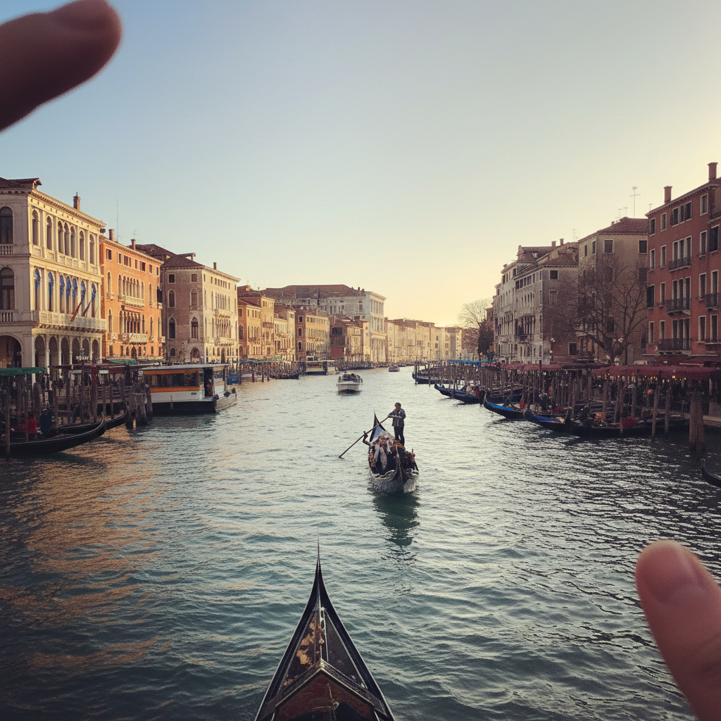 베니스 대운하에서 곤돌라를 타고 찍은 물 위의 도시 전경