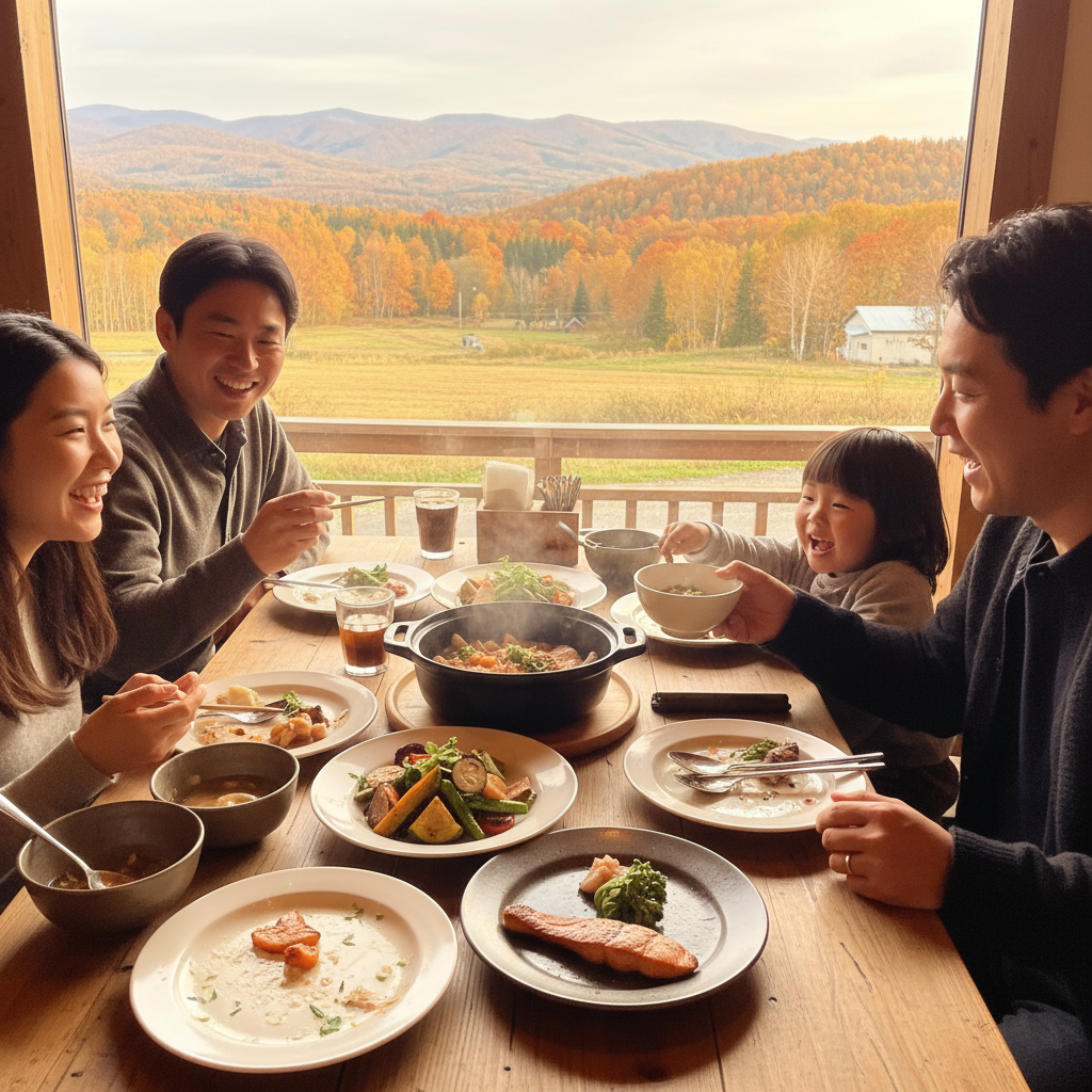 농장 레스토랑에서 행복하게 식사하는 가족