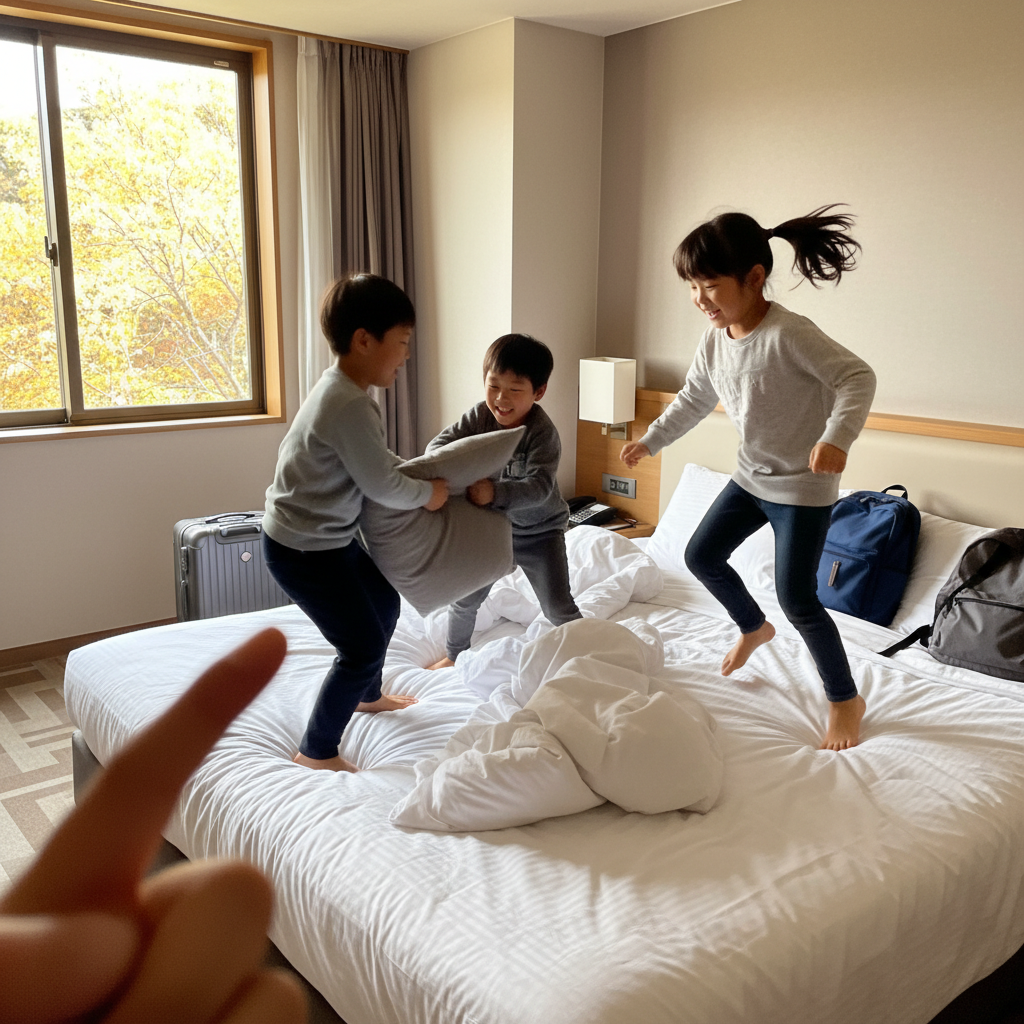 호텔 객실에서 침대 위를 뛰어노는 아이들