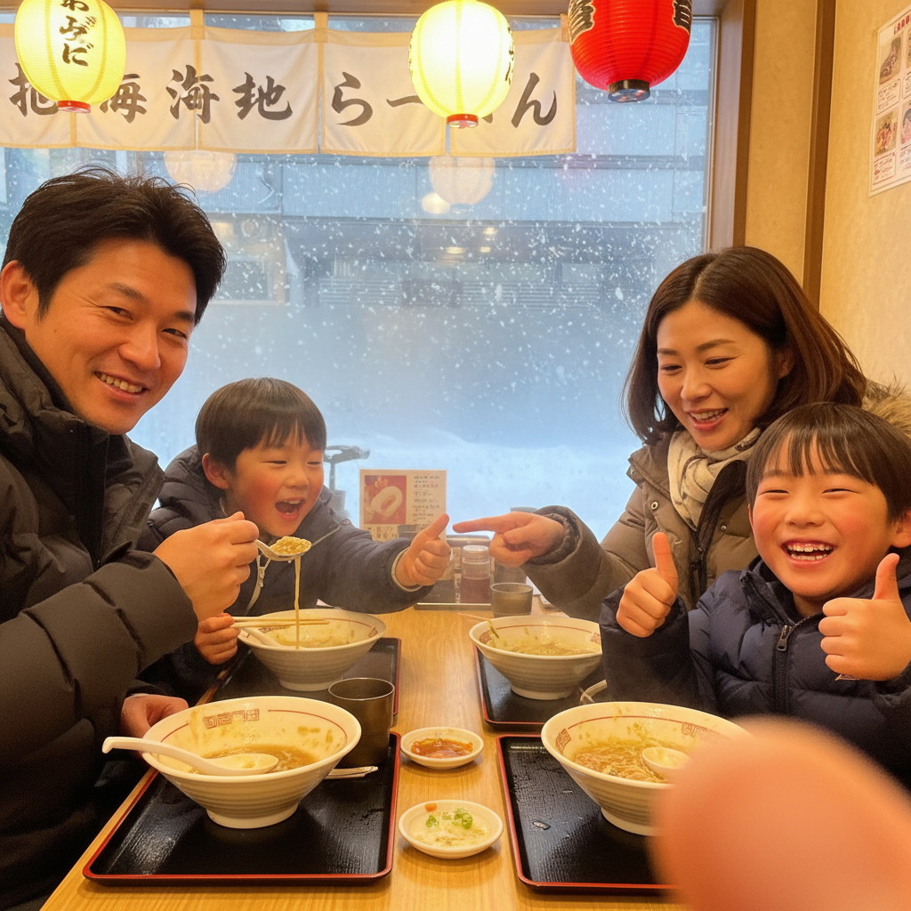 라멘집에서 행복하게 식사하는 가족