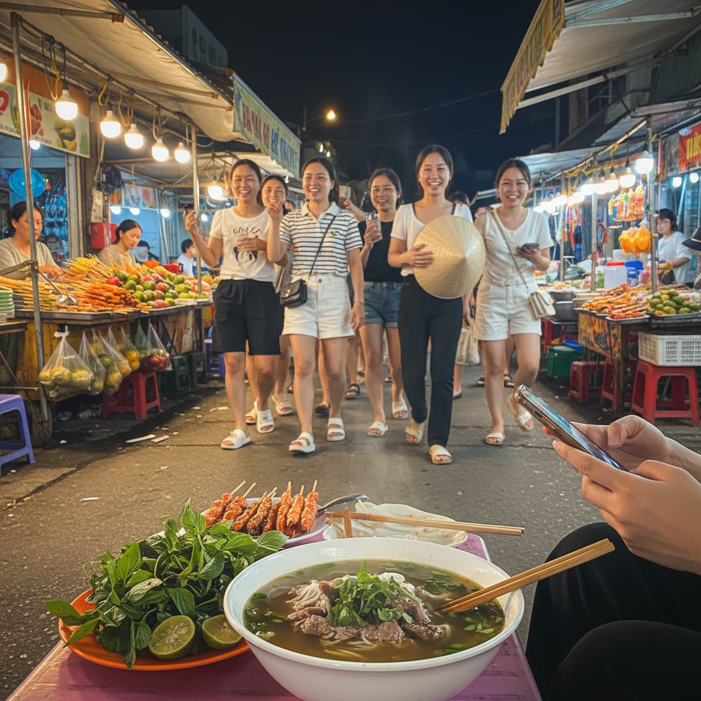 나트랑 야시장의 다양한 음식과 활기찬 분위기