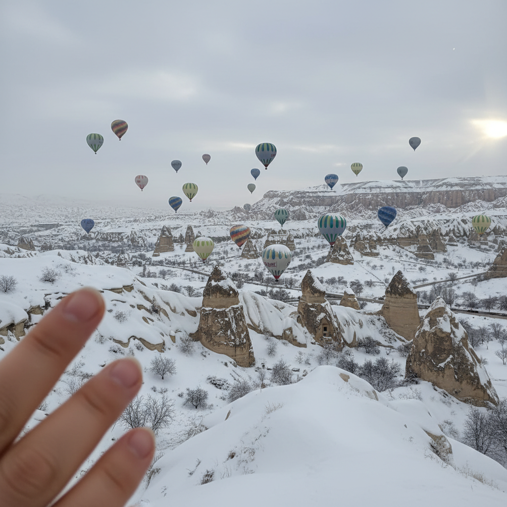 눈 덮인 카파도키아의 요정 굴뚝과 열기구