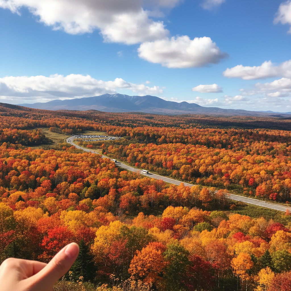 가을 단풍으로 물든 북해도 전경과 푸른 하늘