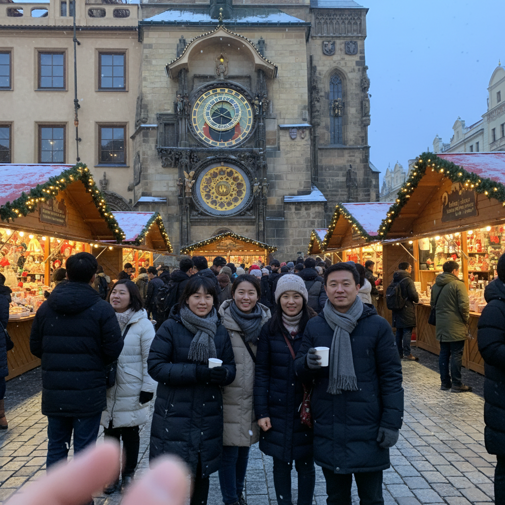 프라하 구시가지 광장의 크리스마스 마켓과 천문시계