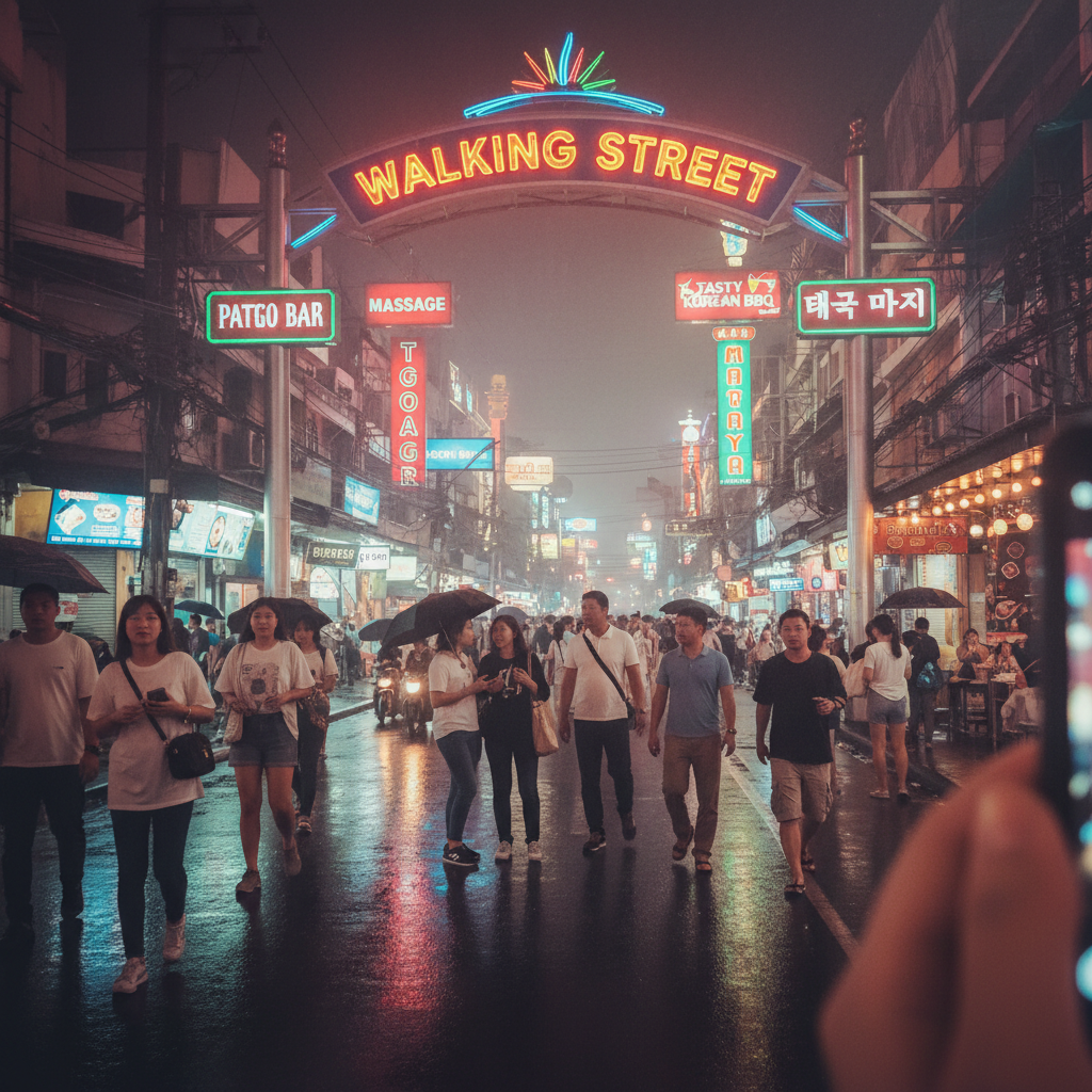 워킹 스트리트의 밤 풍경과 네온사인들