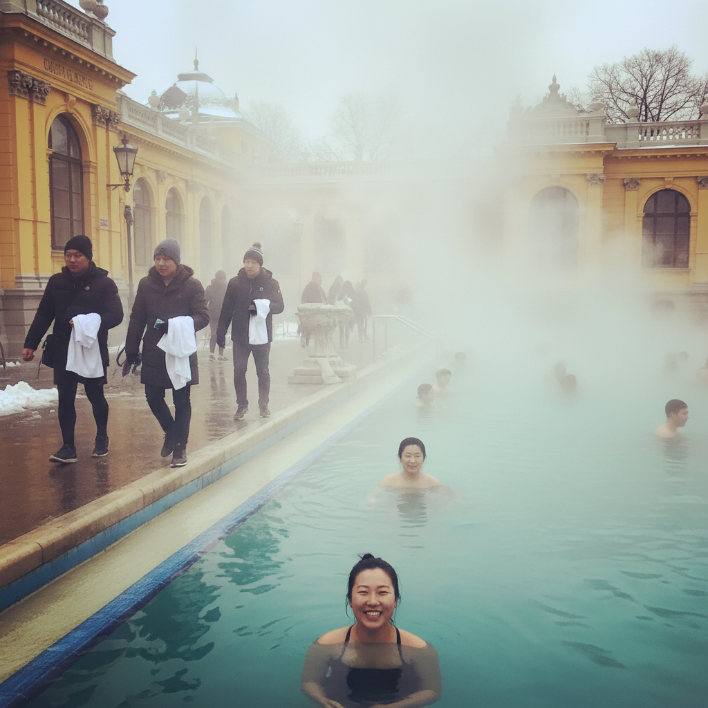 부다페스트 세체니 온천의 겨울 풍경