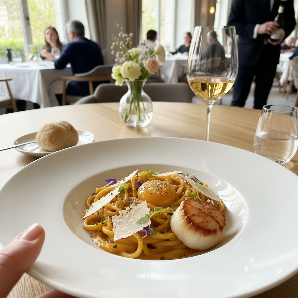 미슐랭 레스토랑의 아름다운 파스타 플레이팅