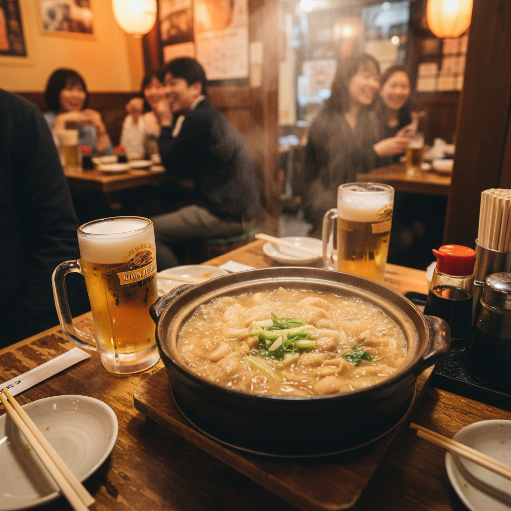 현지 이자카야에서 먹은 모츠나베와 맥주