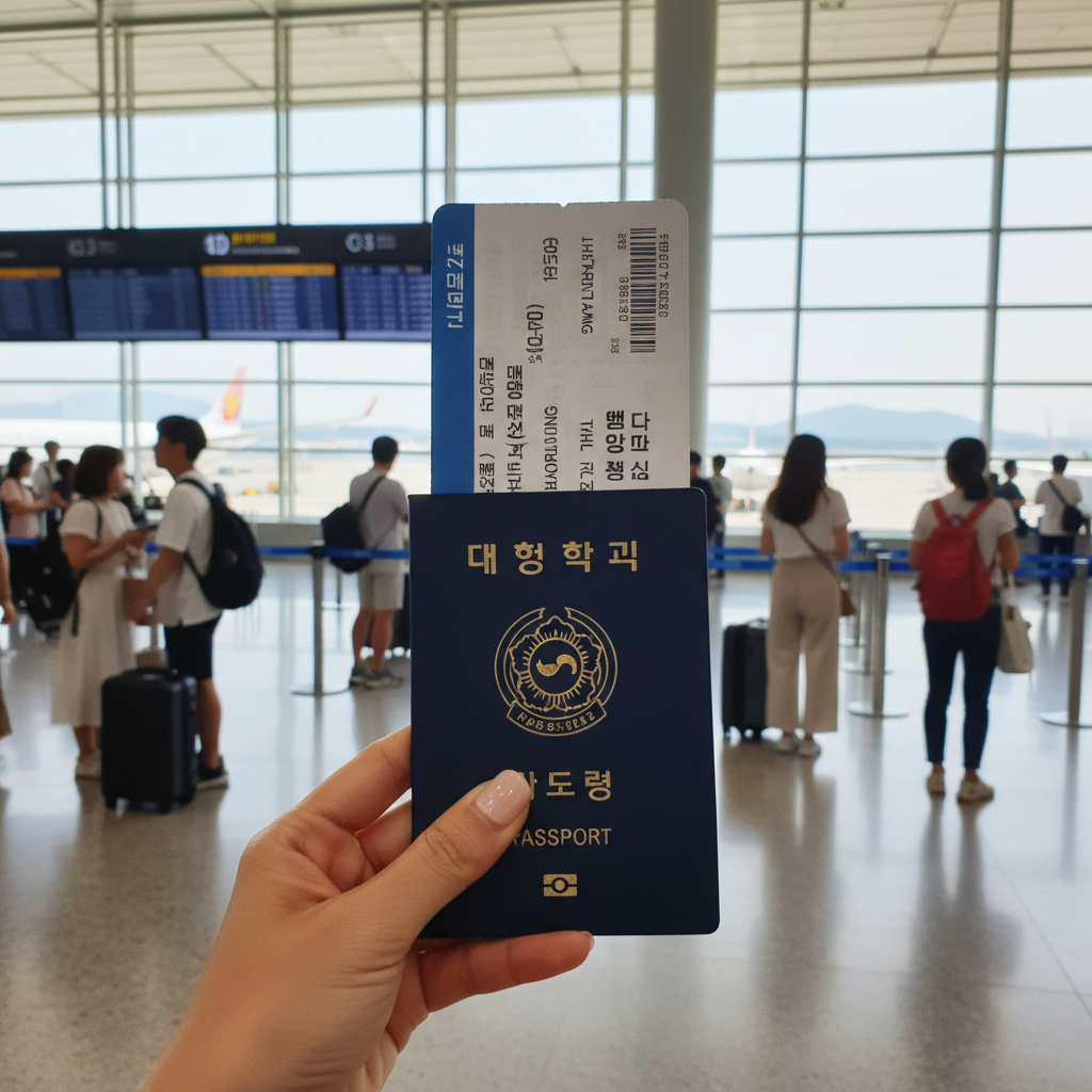 인천공항 출발 게이트에서 여권과 티켓을 들고 찍은 사진