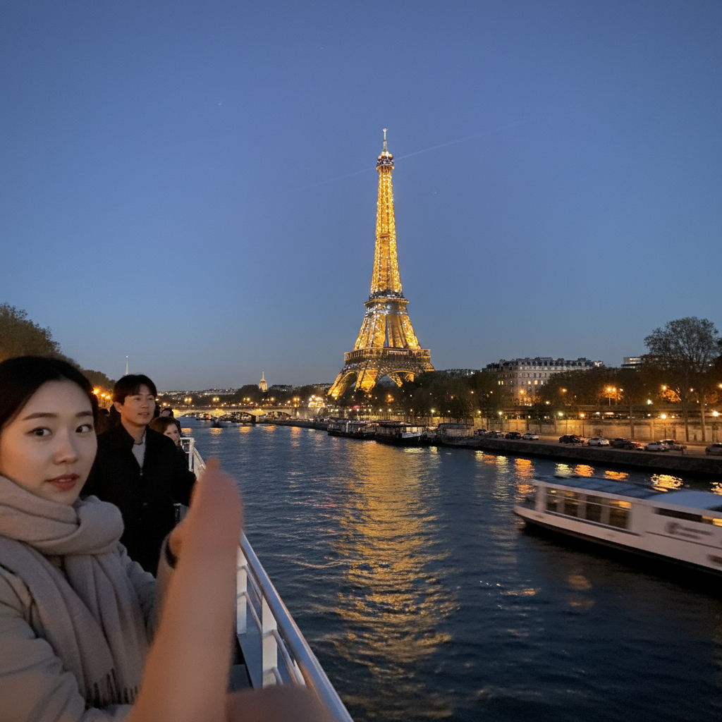 세느강 유람선에서 바라본 파리의 황홀한 야경과 불빛에 물든 에펠탑