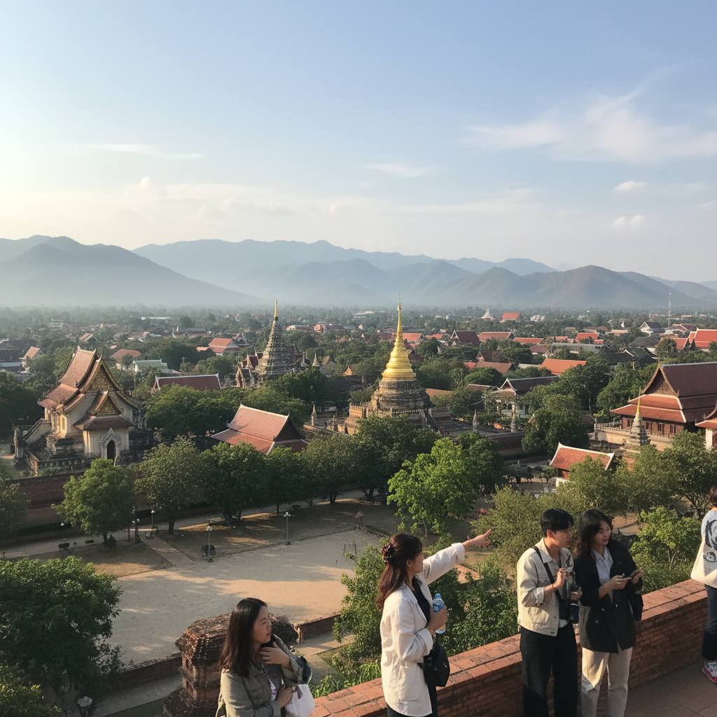 치앙마이 올드시티 전경과 산 배경