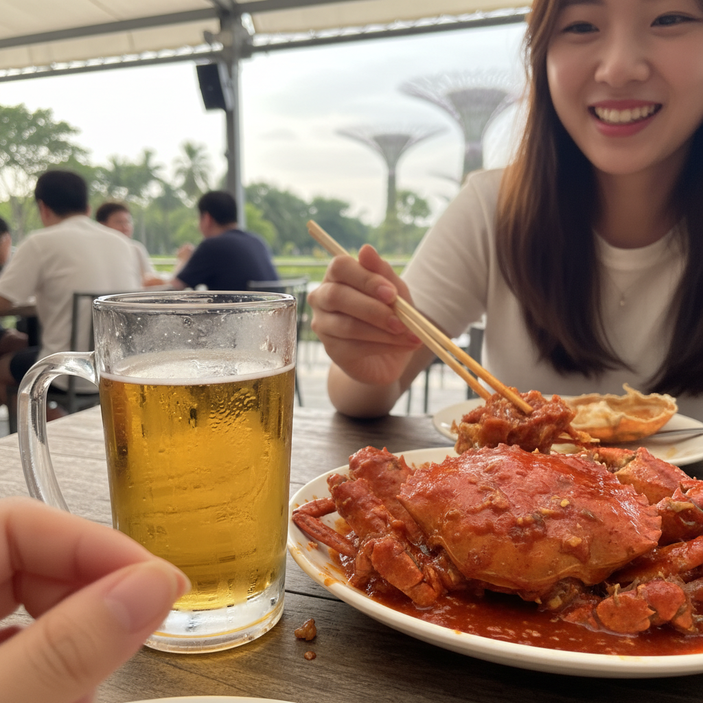 붉은 소스에 절인 칠리 크랩과 맥주 한 잔