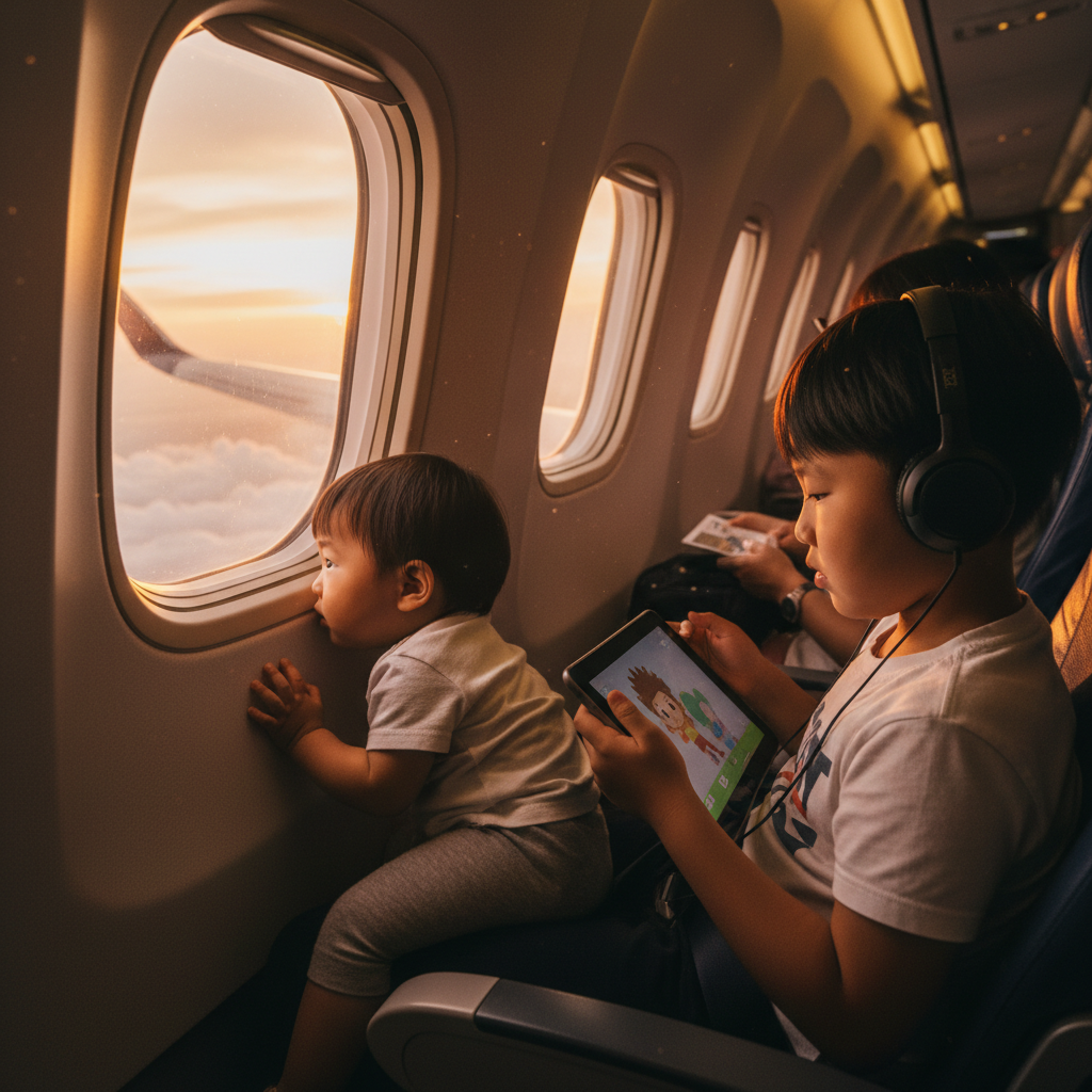 비행기 안에서 창밖을 바라보는 아이들