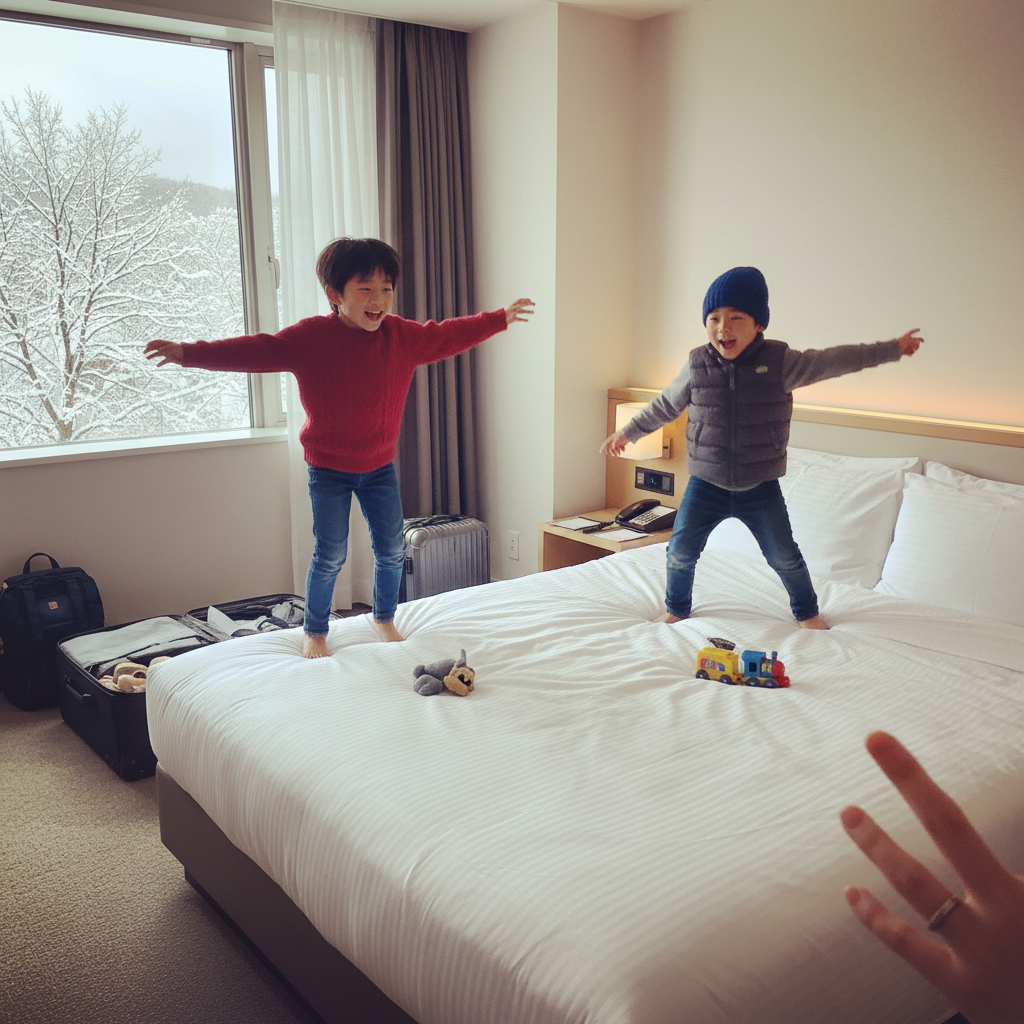 호텔 방에서 신나게 뛰어노는 아이들