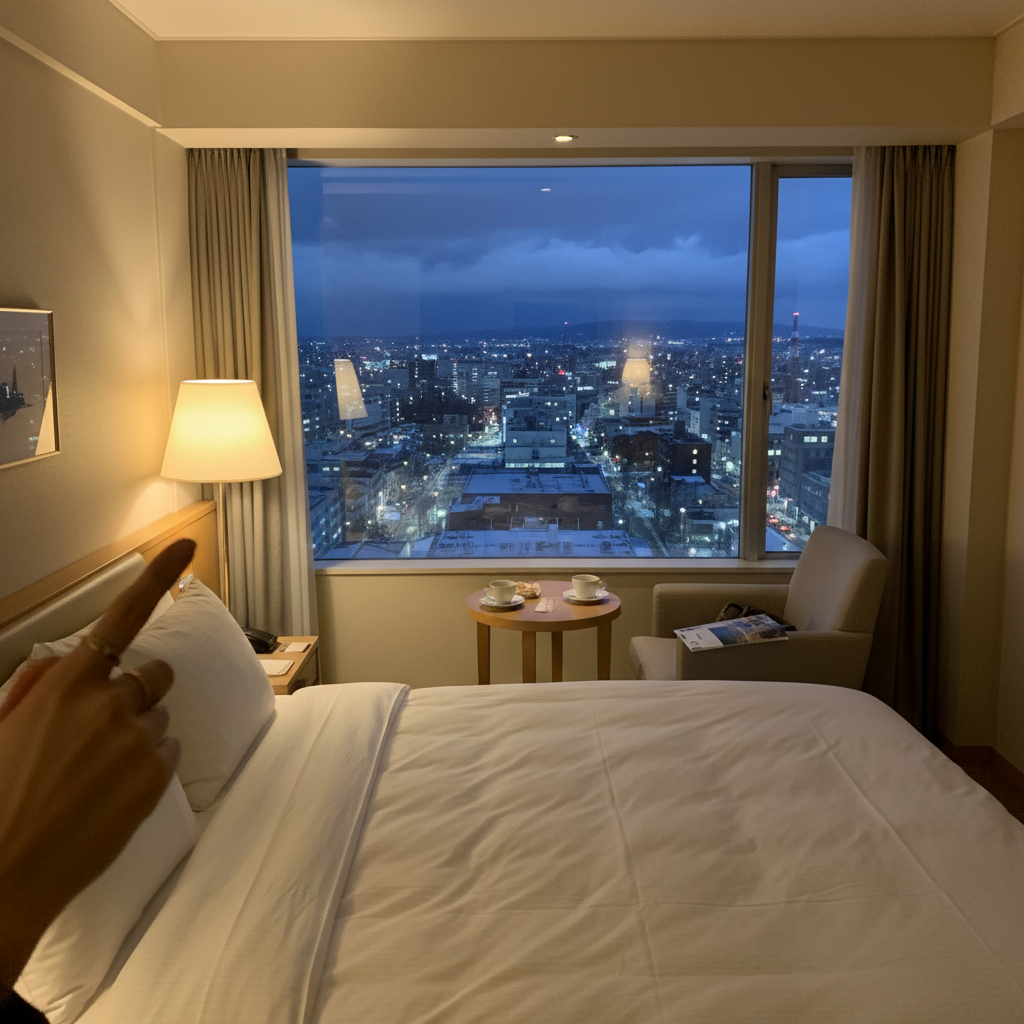 삿포로 시내 호텔 객실 내부와 창문 너머로 보이는 야경