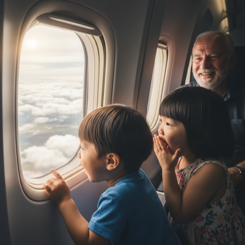 비행기 안에서 창밖을 신기하게 바라보는 아이들