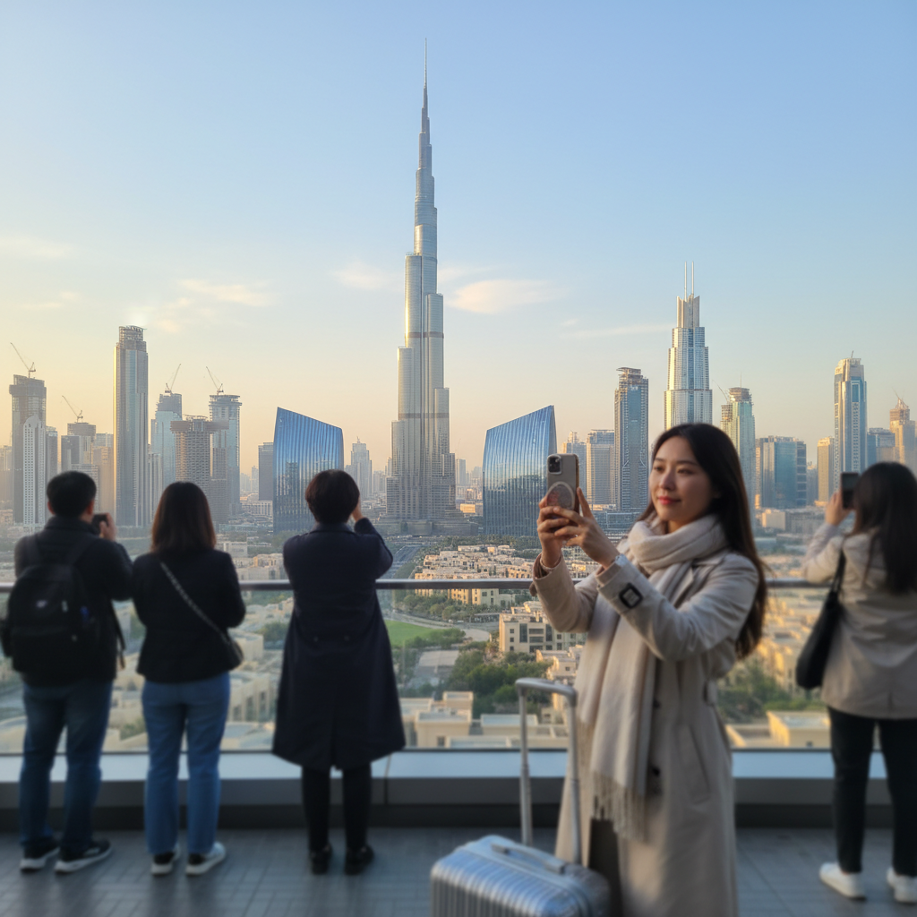 두바이 스카이라인과 버즈 칼리파가 보이는 전경