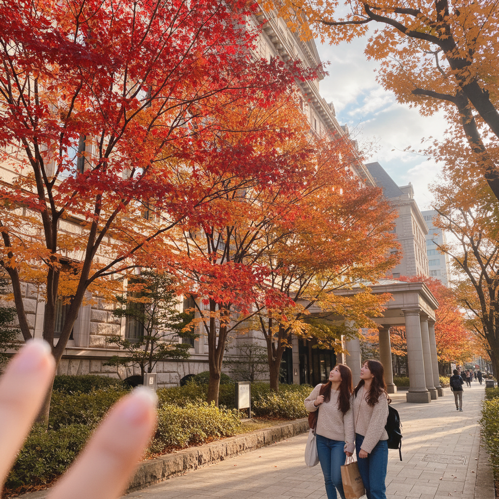 오사카 리츠칼튼 호텔 외관과 가을 단풍