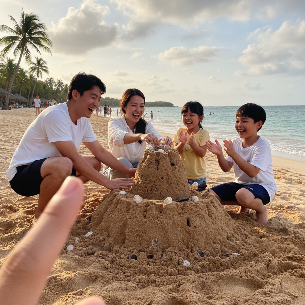 모래성을 만들며 즐거워하는 가족