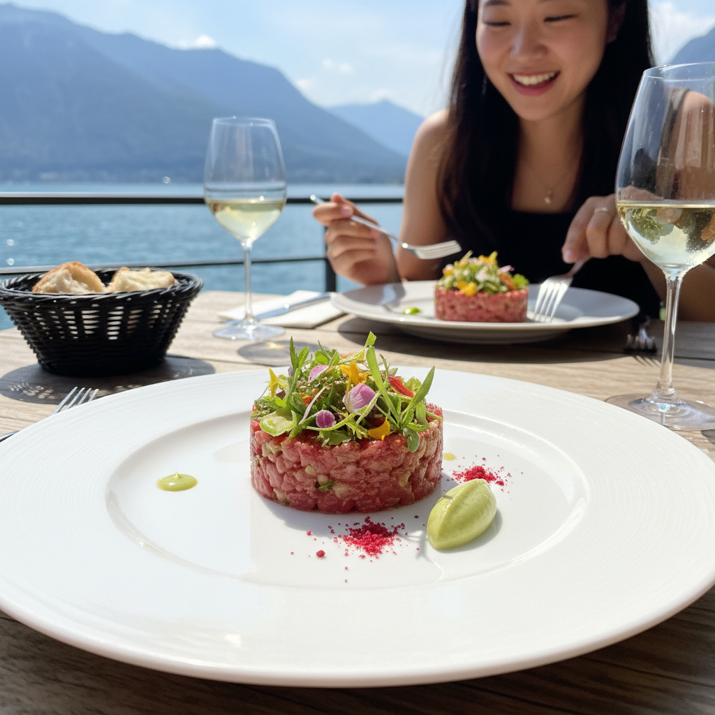 몽트뢰 미쉐린 레스토랑에서의 정교한 플레이팅의 코스 요리