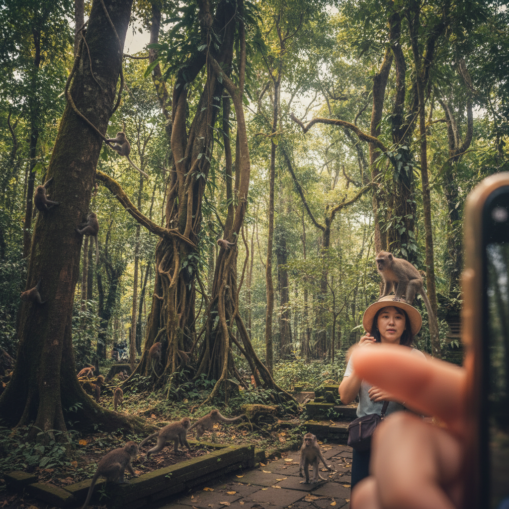 우붓 원숭이 숲에서 나무 위를 뛰어다니는 원숭이들과 울창한 숲 풍경