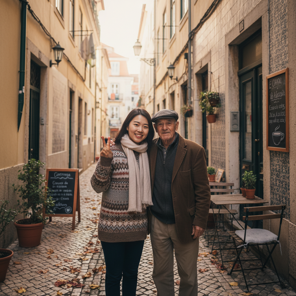 리스본의 좁은 골목길에 있는 작은 카페 앞에서 현지인과 함께 찍은 사진