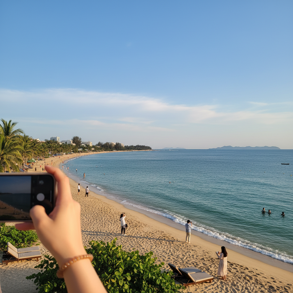 나트랑 해변의 탁 트인 전경과 에메랄드빛 바다