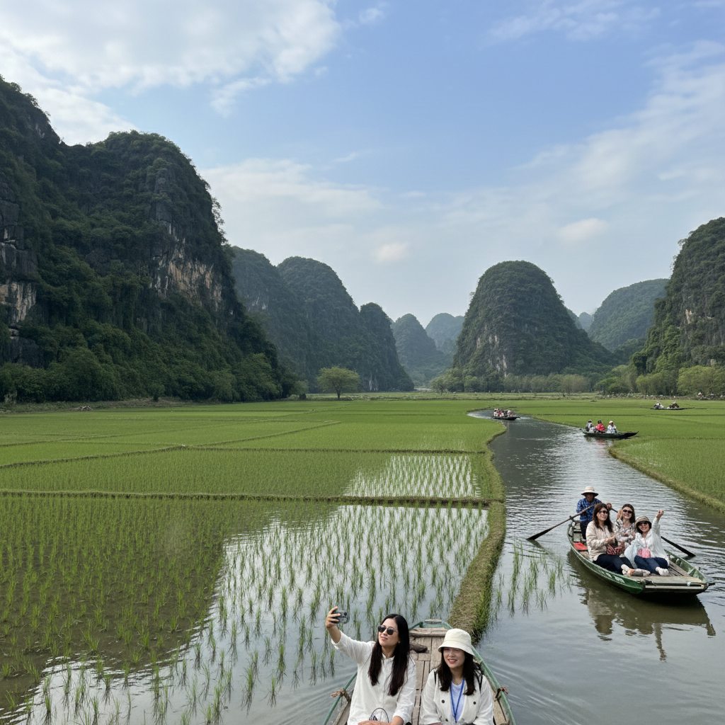 옌뜨 트랑안 생태관광지의 석회암 산과 논이 어우러진 풍경