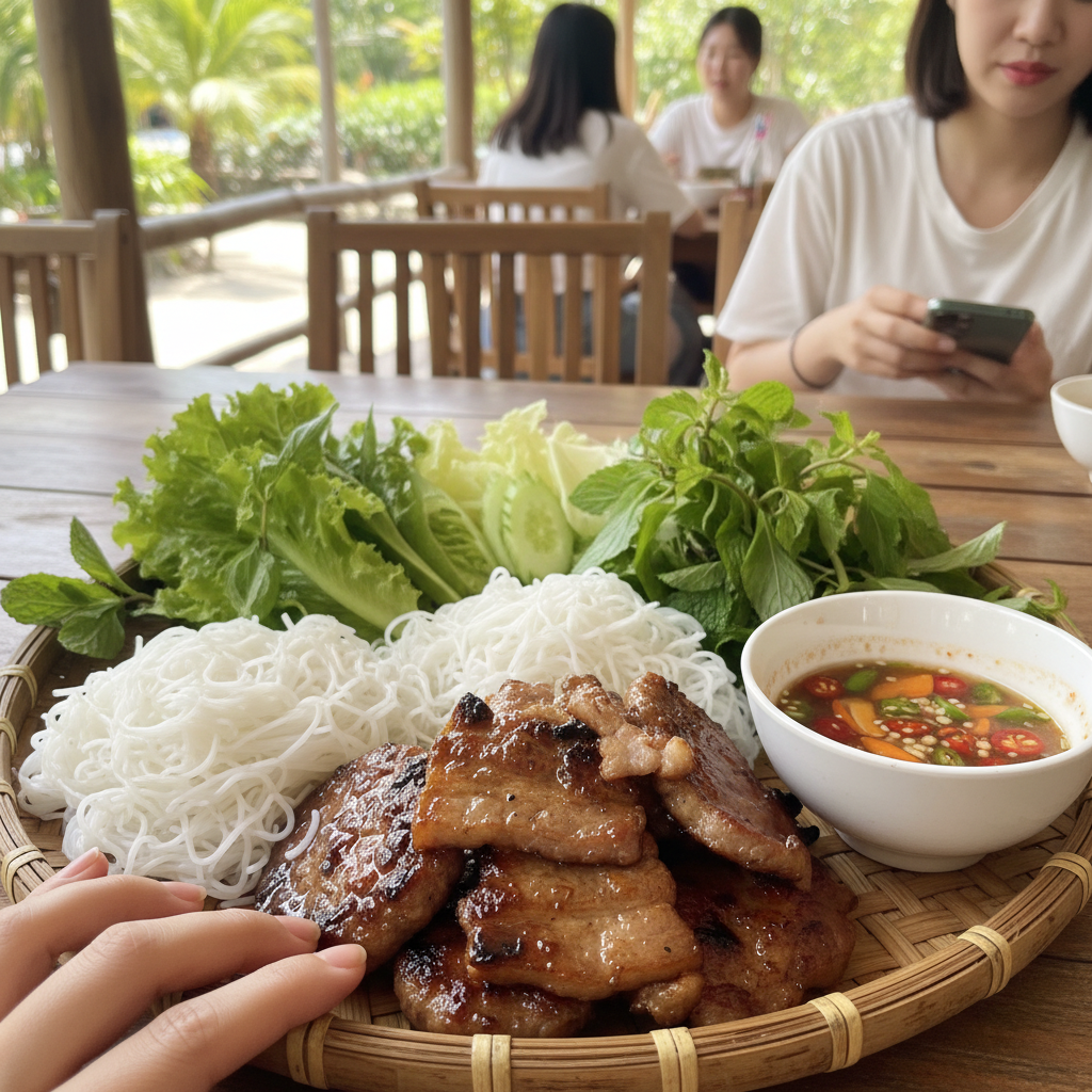 갓 구운 돼지고기와 쌀국수가 어우러진 분짜와 각종 야채