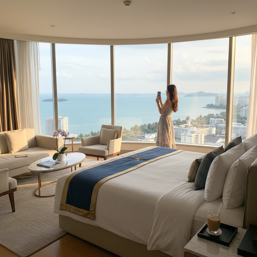 오션 뷰 스위트룸의 고급스러운 인테리어와 파노라마 전망
