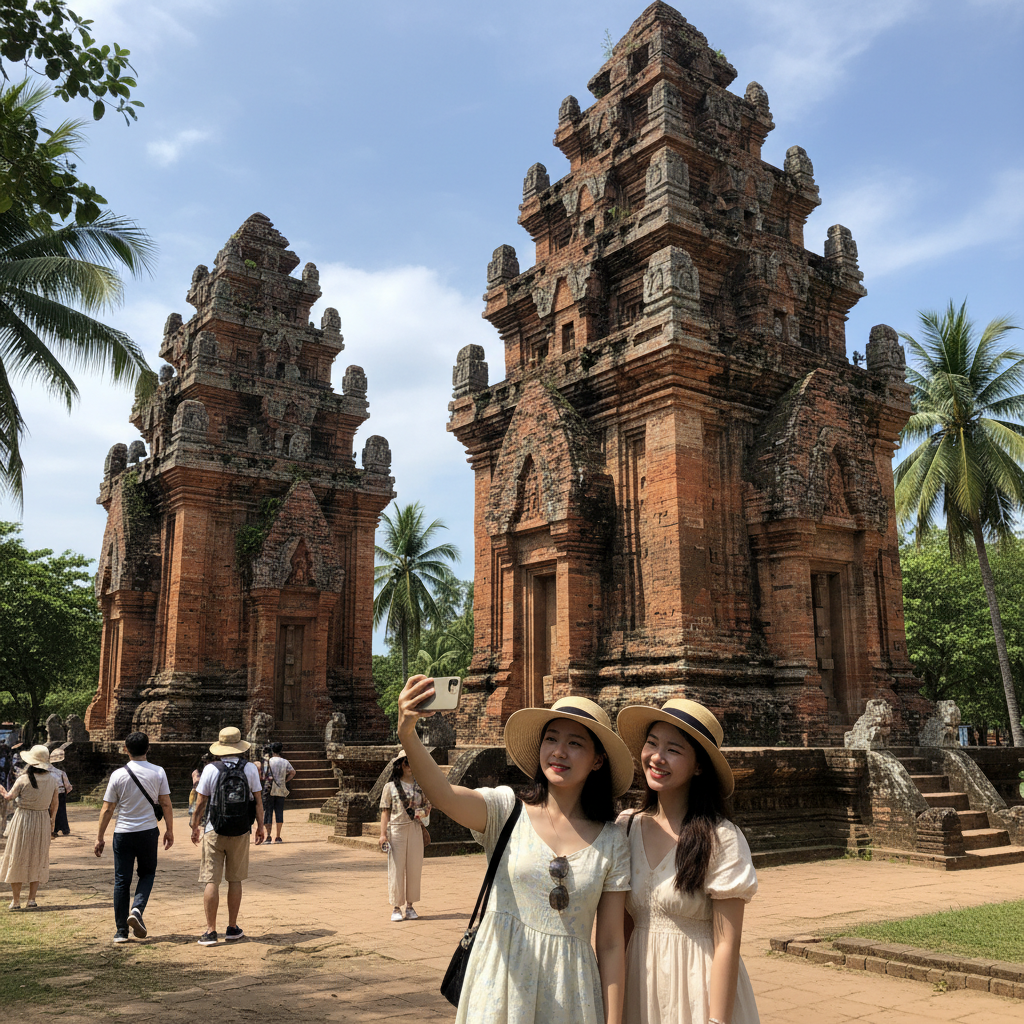 붉은 벽돌로 지어진 포나가르 참파 사원의 탑들