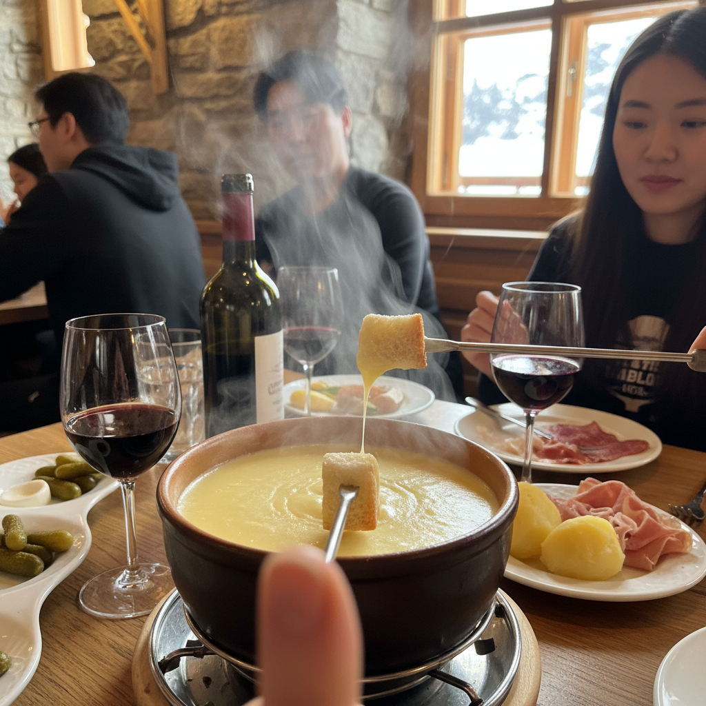 치즈 퐁듀와 레드 와인이 차려진 스위스 전통 식사