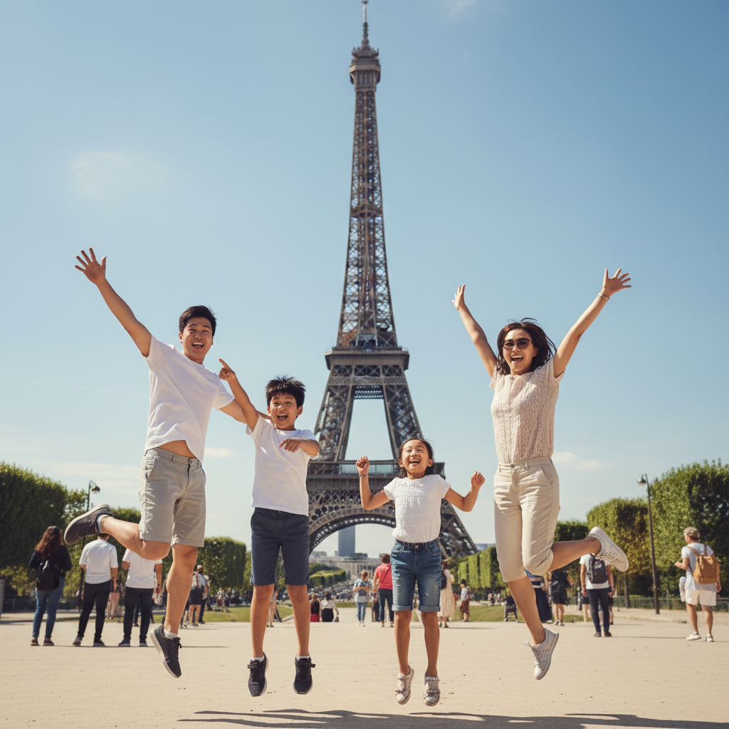 에펠탑 앞에서 점프하는 포즈를 취하는 가족