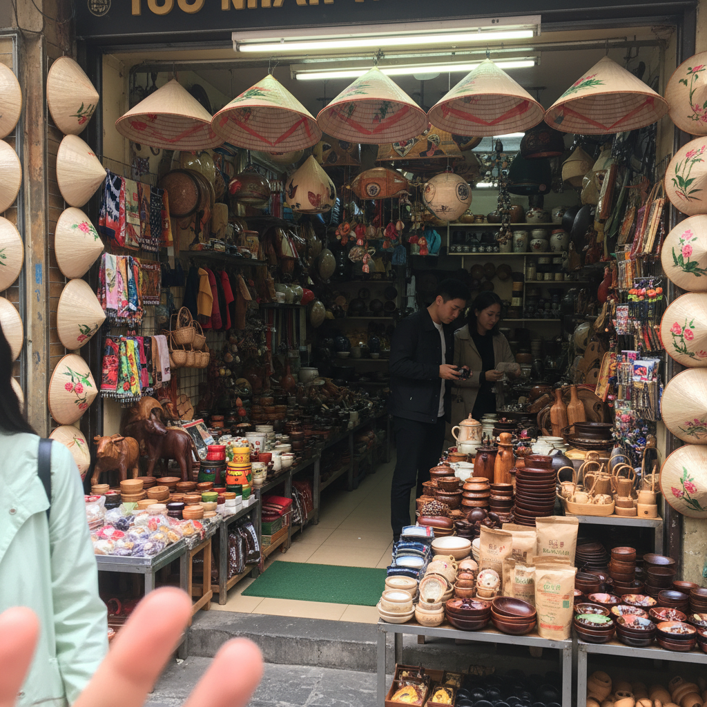 베트남 전통 모자 논라와 다양한 수공예품이 진열된 하노이 기념품 가게