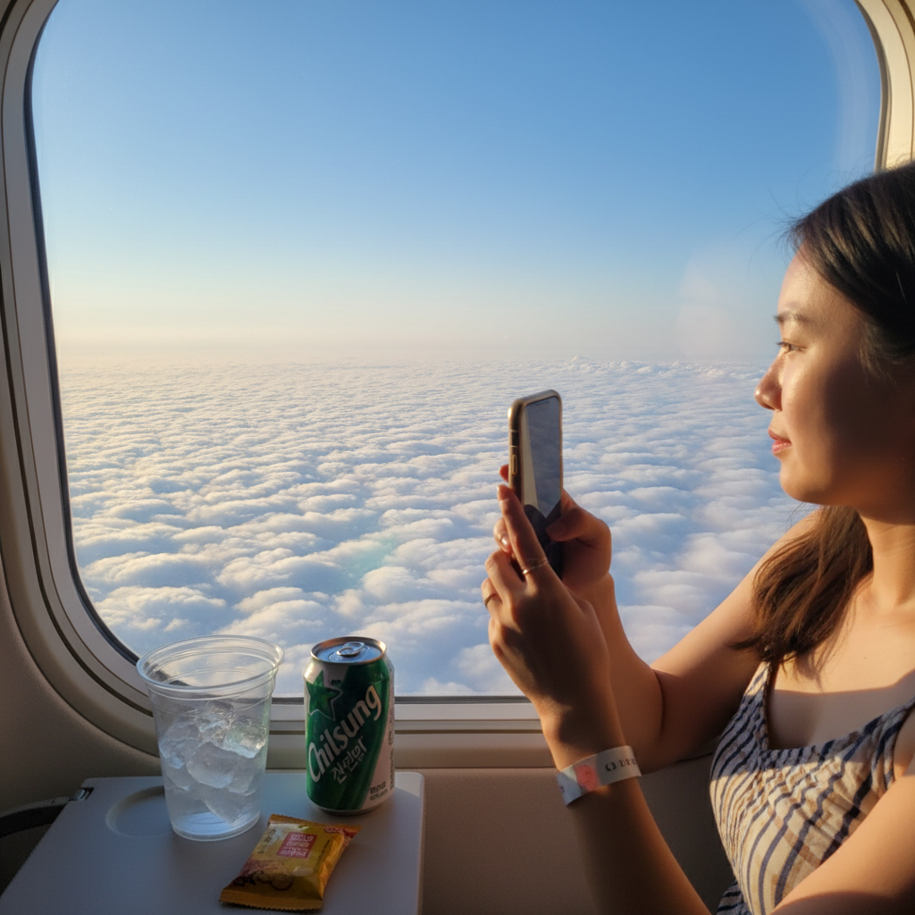 비행기 창문으로 보이는 구름 위 하늘과 기내 음료