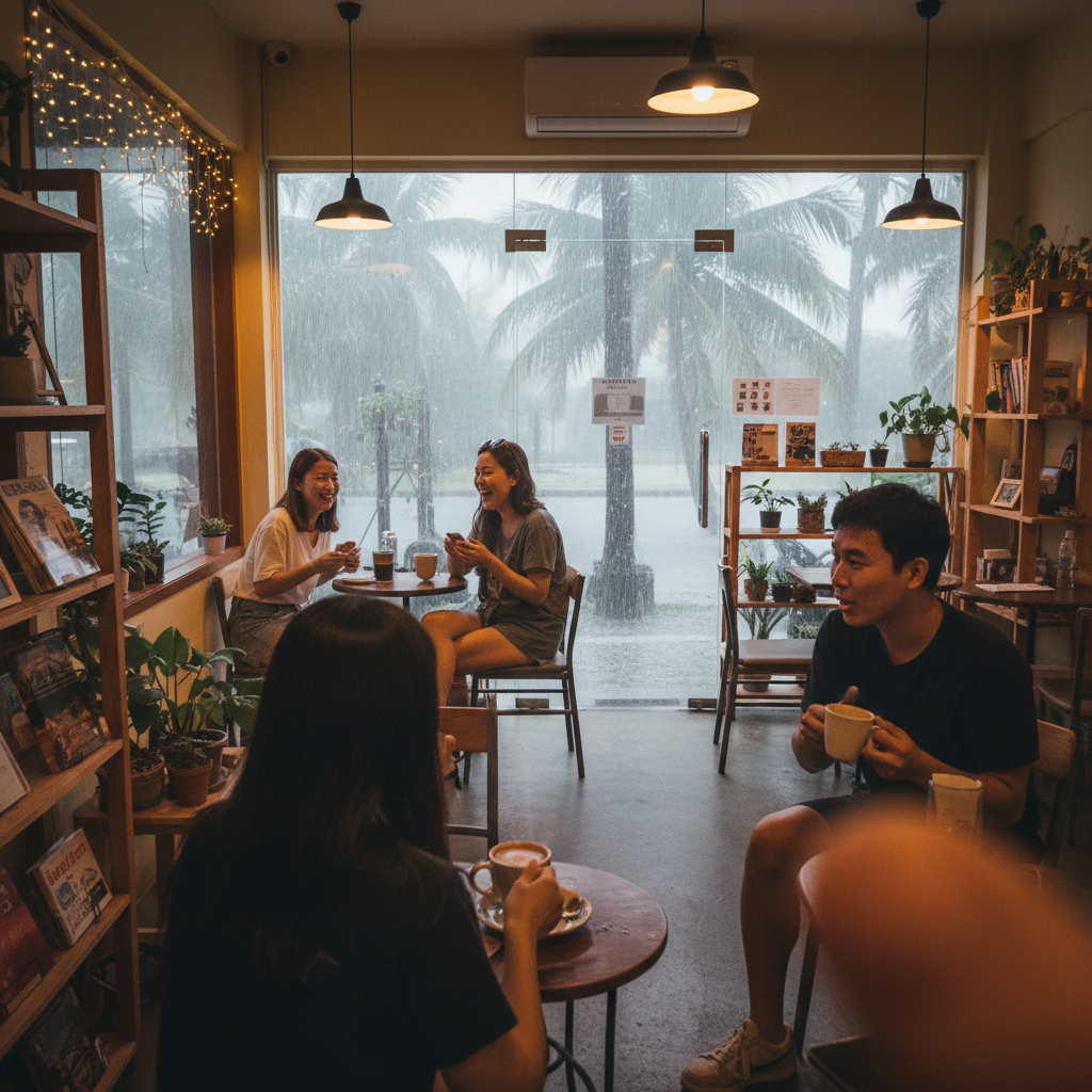 폭우 속에서 피신한 아늑한 현지 카페