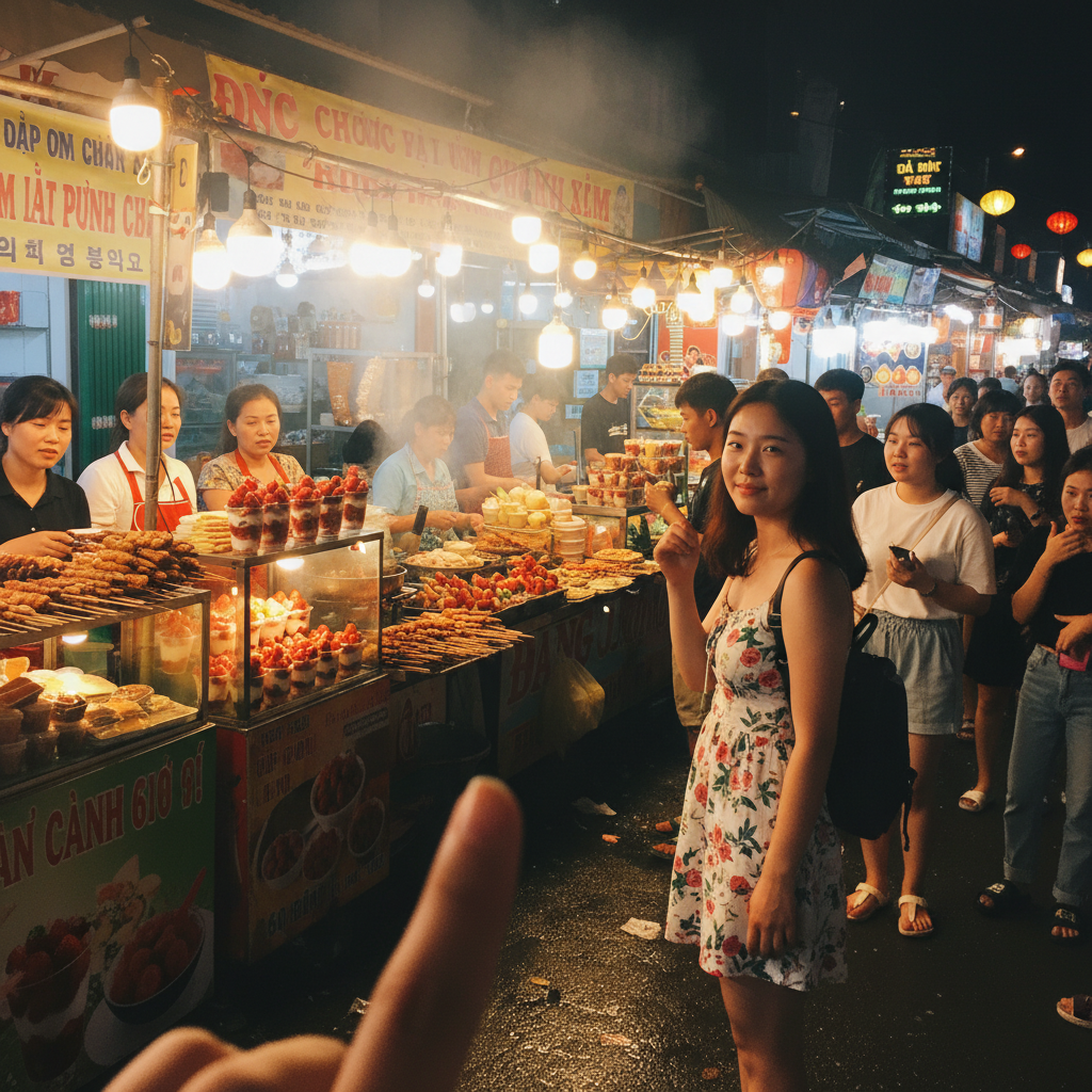 달랏 야시장의 활기찬 모습과 다양한 음식 노점