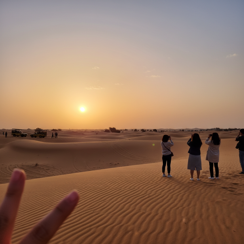 사막 사파리에서 일몰과 함께 촬영한 모래 언덕