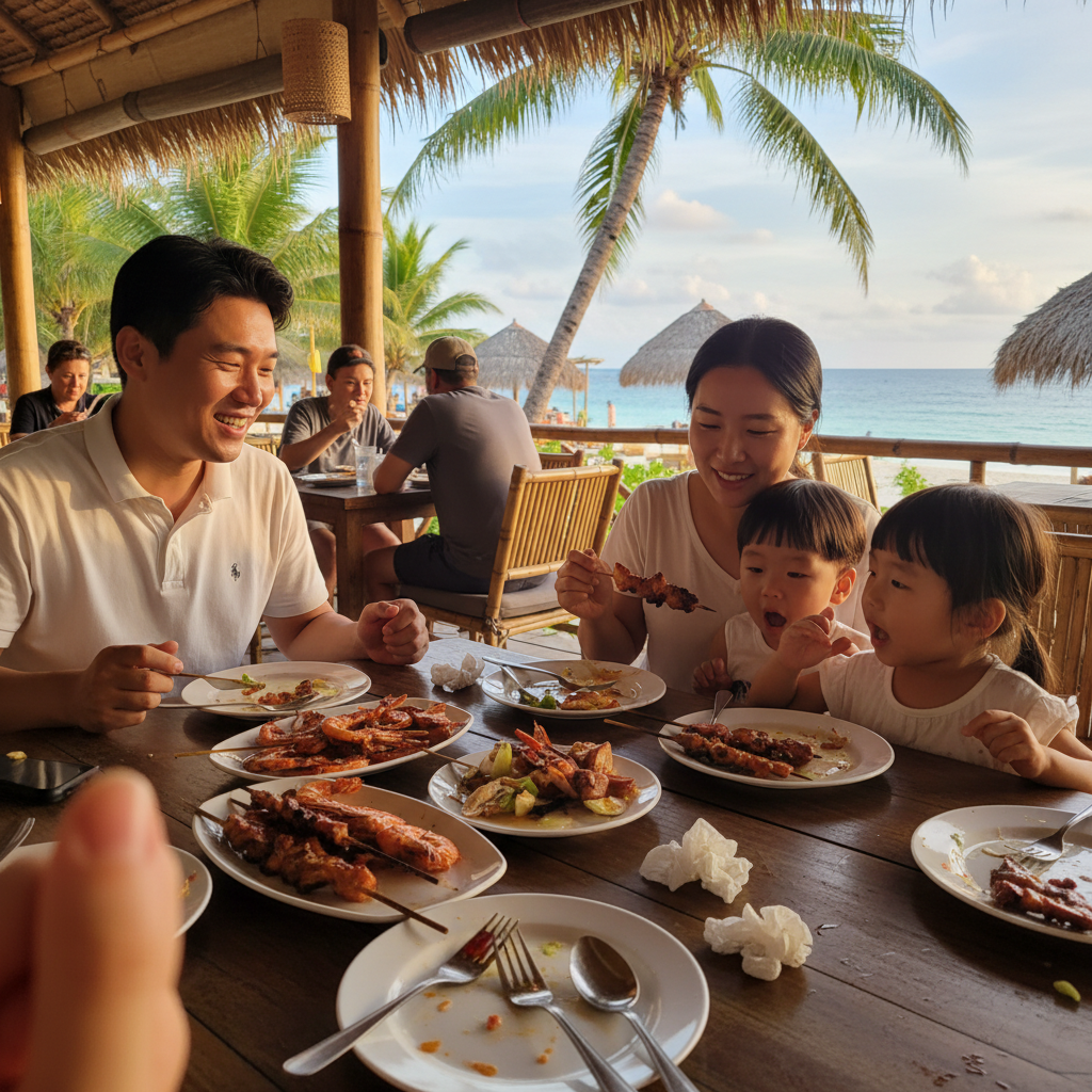 레스토랑에서 음식을 맛있게 먹고 있는 가족