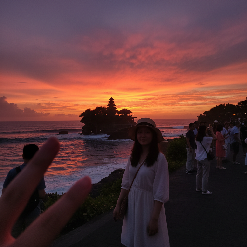 일몰 시간의 타나 로트 사원, 바다 위에 우뚝 선 검은 실루엣과 붉게 물든 하늘