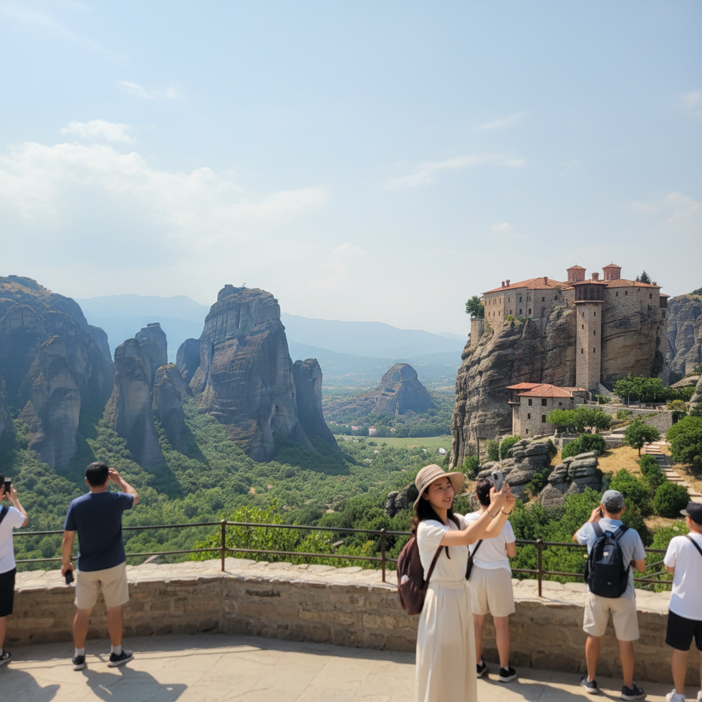 메테오라의 웅장한 바위 기둥 위 수도원 전경