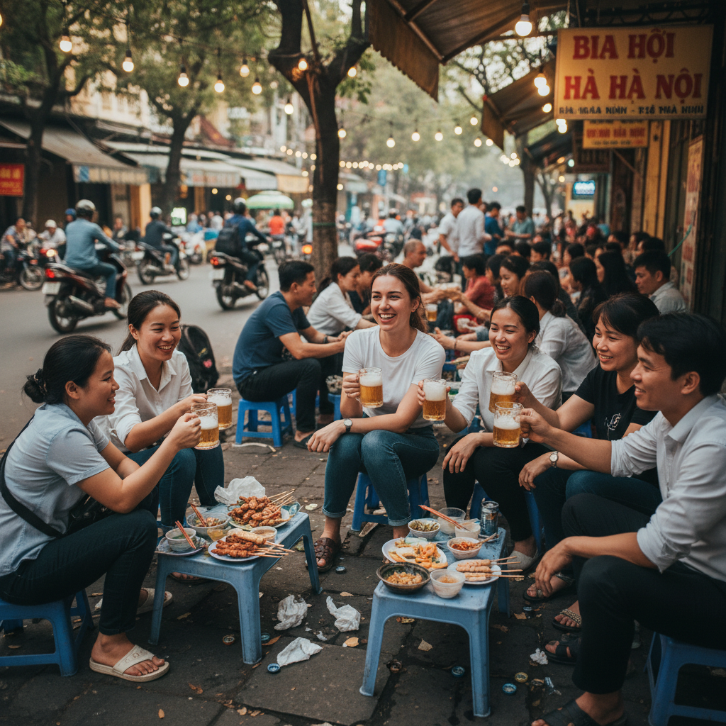 하노이 비어 코너에서 현지인들과 함께 즐기는 생맥주와 길거리 음식